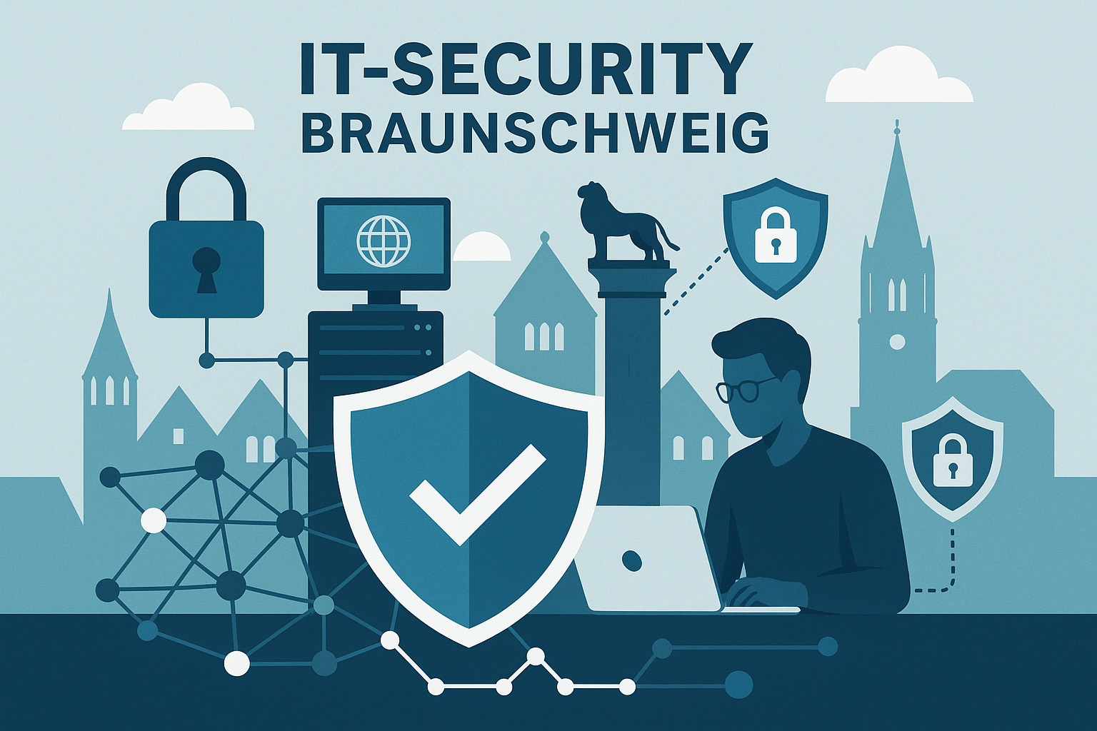 IT-Security Braunschweig – Illustration mit Netzwerkschutz und Sicherheitssymbolen in regionalem Kontext